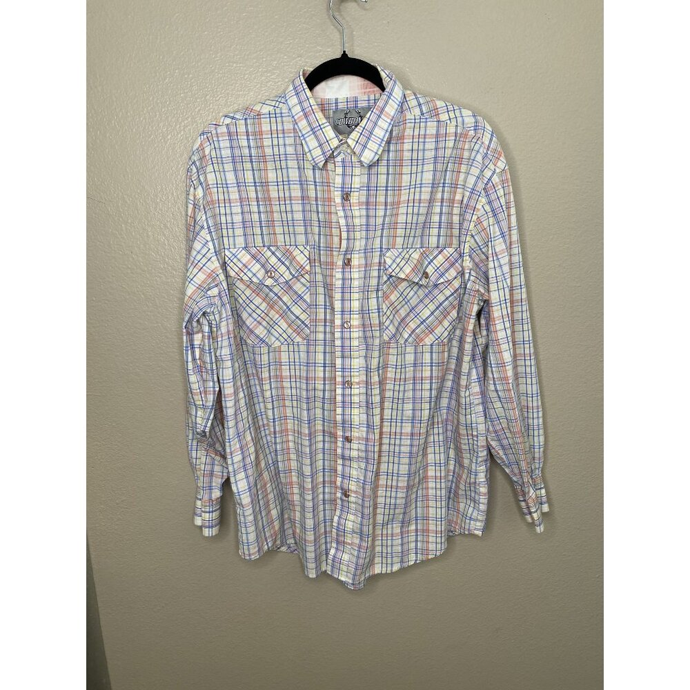 Cowboy Up Mens Blue Yellow Shirt Large long sleeve pearl snaps cotton‎ collared